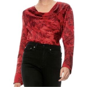 Alice + Olivia Women's Anna Drapey Shirt Red Floral Scoop Neck Size M